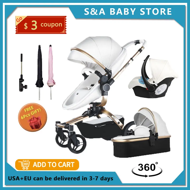 Fast & Aulon PU Leather Baby Stroller 3 in 1 2in1 Carriage New Pram on suit for New Born to age 3
