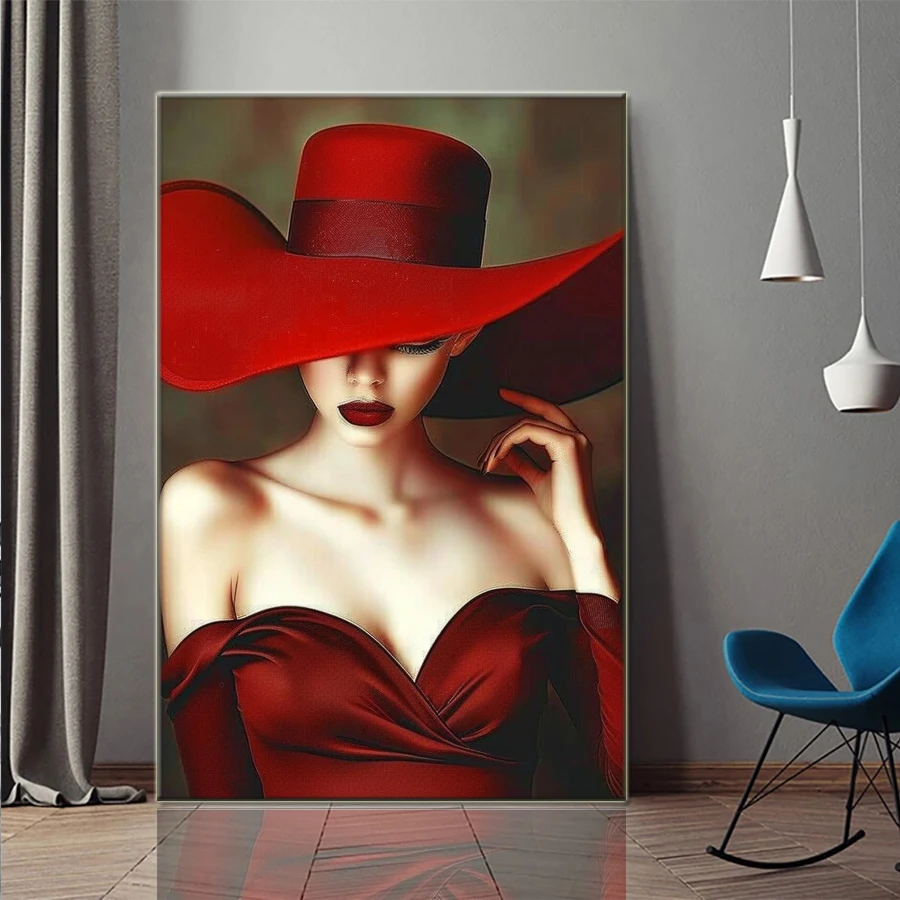 Red hat and dress lady 5D DIY Diamond Painting Full Rhinestone Drill Mosaic Picture Embroidery Elegant Women Portrait Decor diamond painting,diamond art painting kit,diamond painting set
