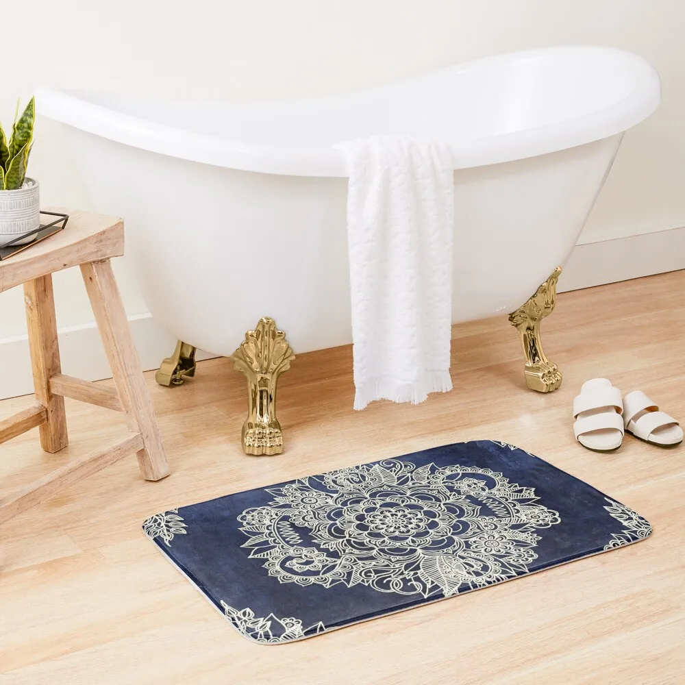 

Cream Floral Moroccan Pattern on Deep Indigo Ink Bath Mat Entrance Carpet Floor Mats For Bathroom