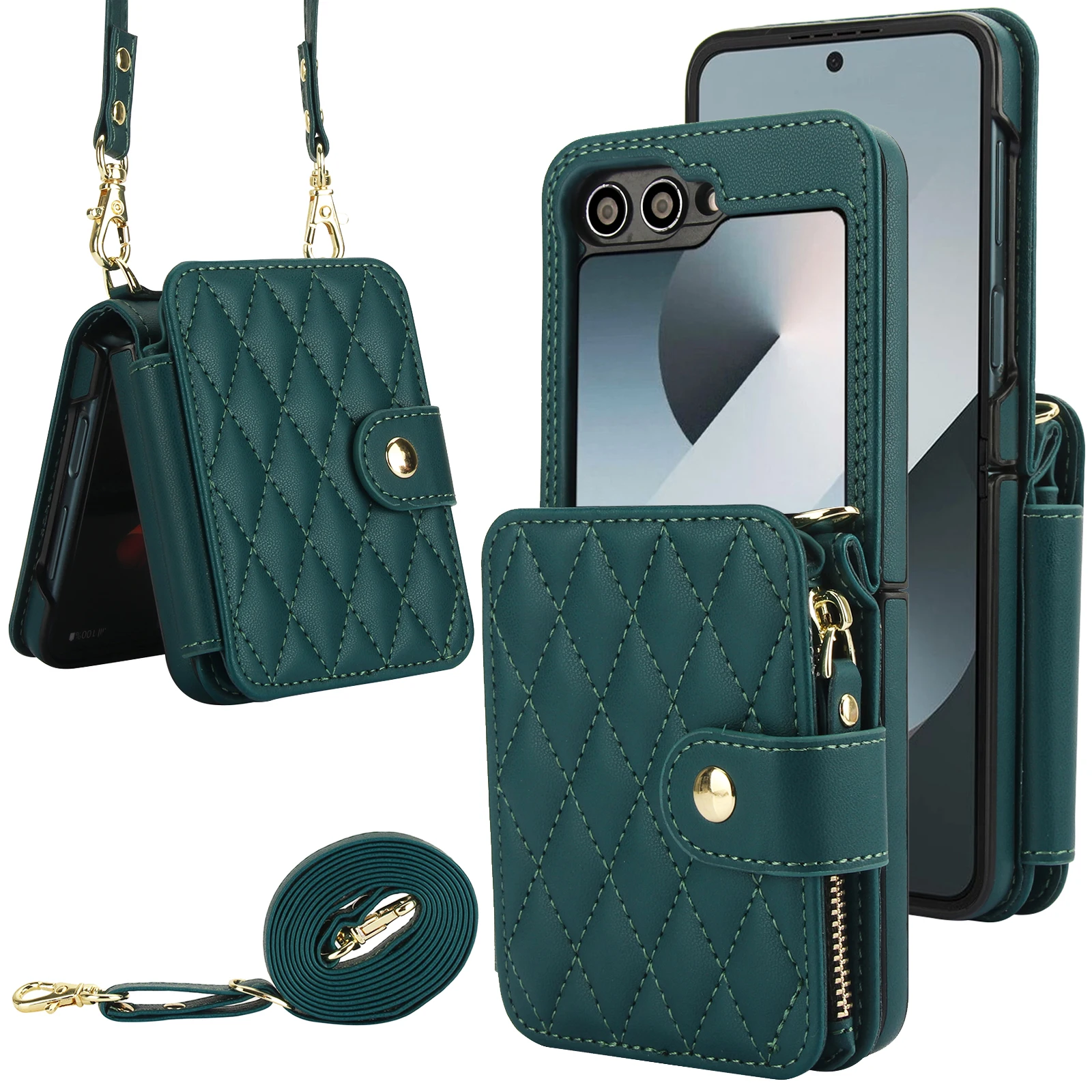 Crossbody Leather Wallet Case with Zipper and Card Slots - Grid Pattern and Long Lanyard