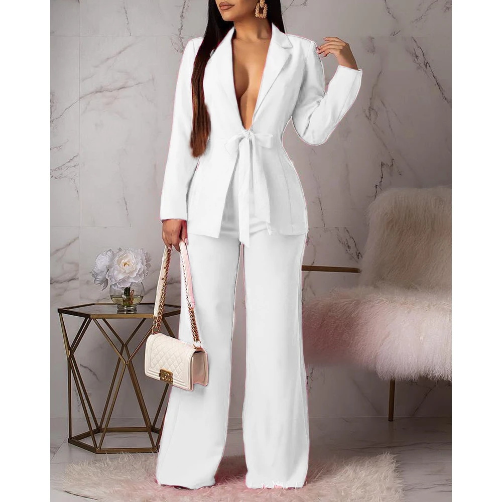 Elegant Women Tie Up Detail Blazer Coat & Wide Leg Pants Set Office Lady Fashion Two Pieces Sets Workwear Outfits Clothing