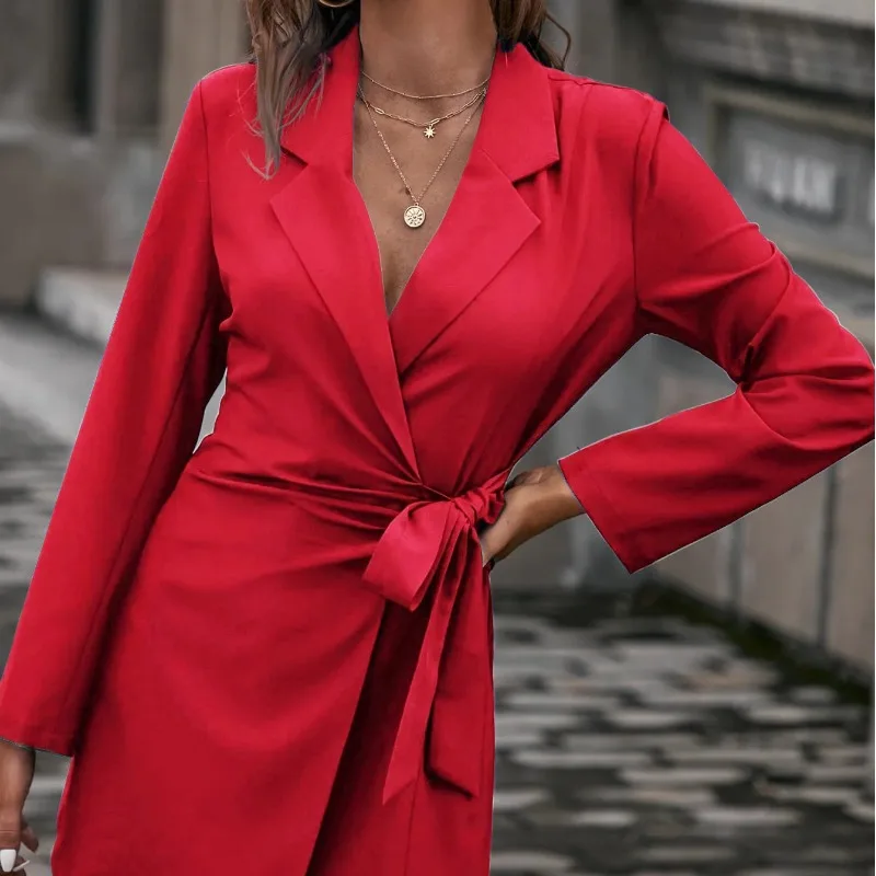 

Women's Autumn Winter New Fashion Solid Color Polo Button Lace up Casual Versatile Long Sleeve Slim Fit Mid length Suit Coat