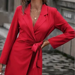 Women's Autumn  Winter New Fashion  Solid Color Polo Button Lace up Casual Versatile Long Sleeve Slim Fit Mid length Suit Coat