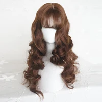 Perruque synthétique longue ondulée marron avec frange pour femmes, perruque de Cosplay Lolita moelleuse naturelle résistante à la chaleur pour fête quotidienne 5