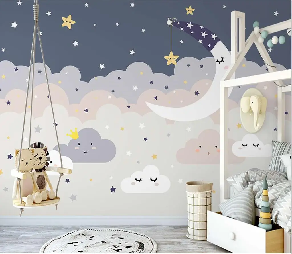 

Customized wallpaper of any size in the kindergarten hand-painted starry sky cloud moon children's room background wallpaper