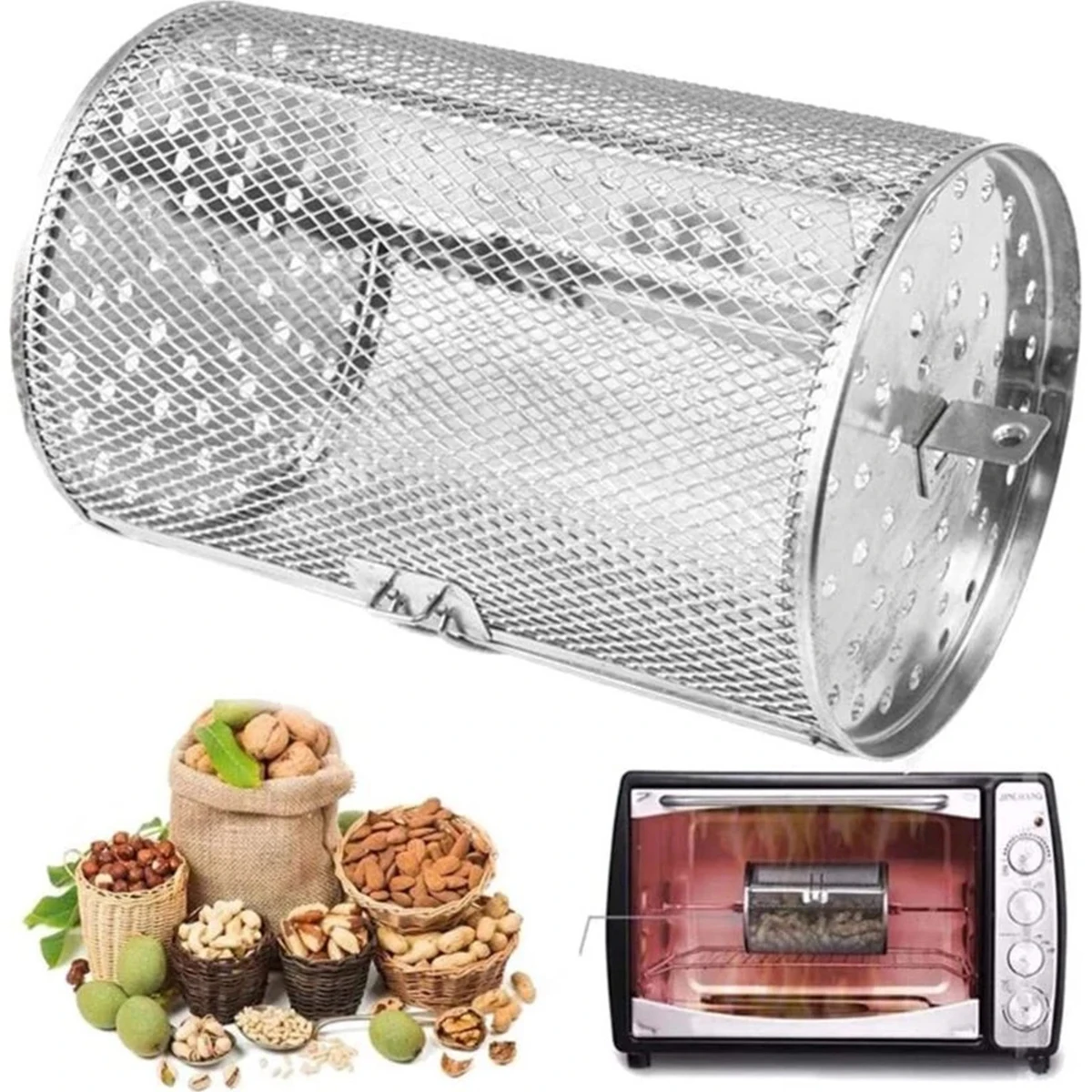 Rotisserie Basket Stainless Steel Rotisserie Grill Basket Oven Round Roaster Nuts Baking Air Fryer Accessories Kitchen Gadgets