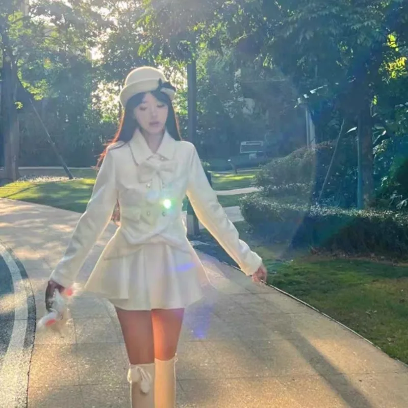 

Sweet Plush Coat Pleated Skirt Two-piece Set Women Korean Polo Neck Bow Double Breasted Soft Temperament Solid Slim Winter Suit