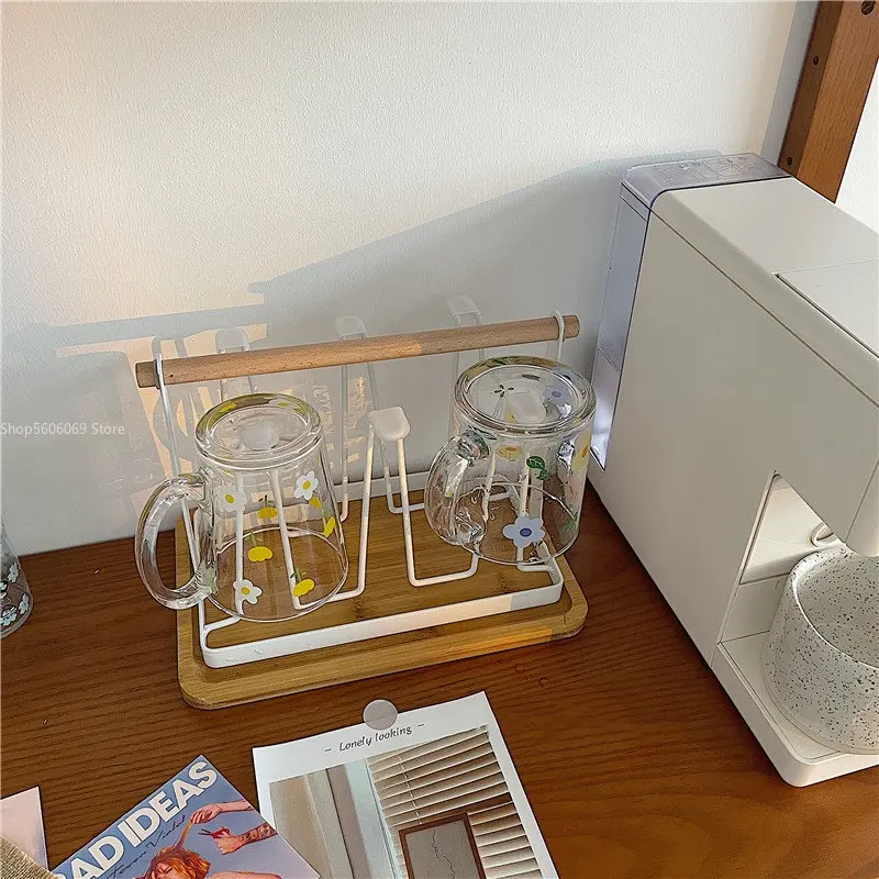White Metal Water Cup Holder Drain Rack with Tray Home Kitchen Bar Water Cup Storage Wrought Iron Holder
