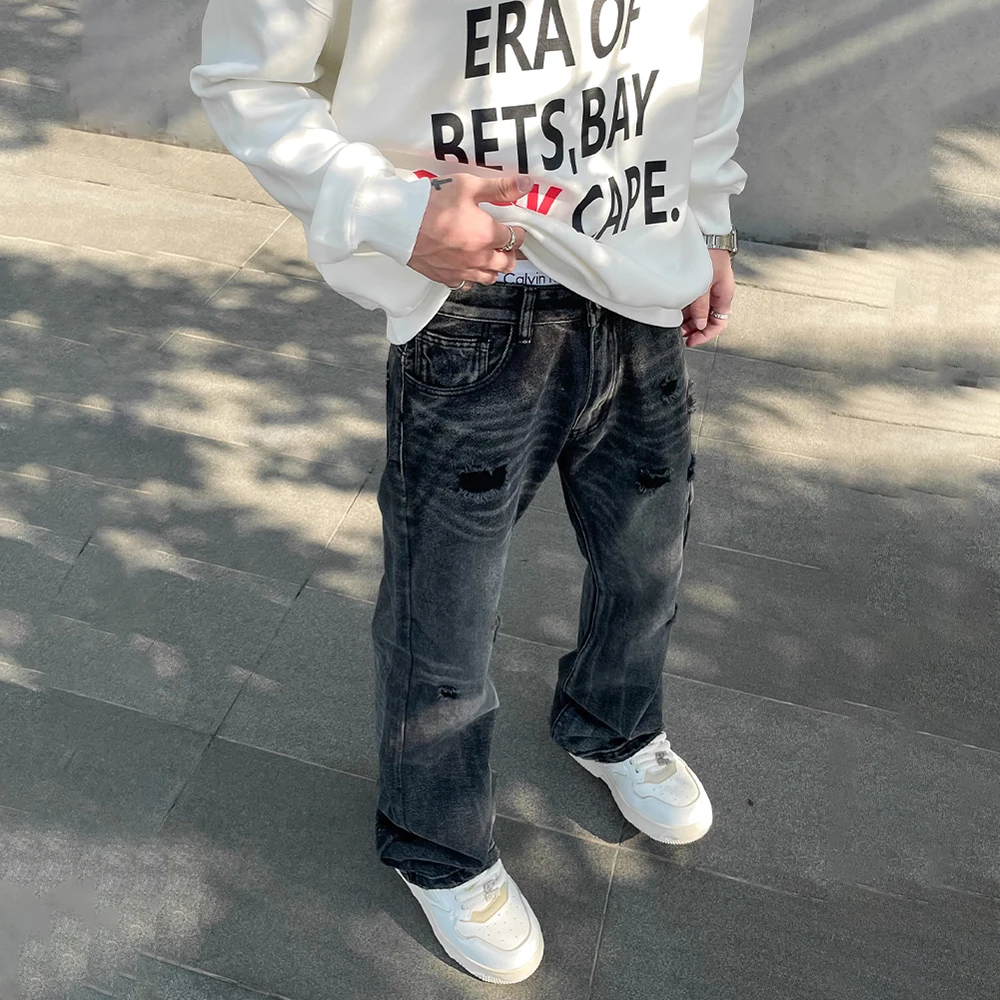 Streetwear Ripped Jeans Men Autumn Black Flared Trousers Casual Y2k Vaqueros Pantalones Hombre Winter Street Hole Denim Pants 5