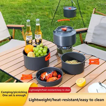 Set di Pentole da Campeggio in Alluminio, Kit da Cucina Portatile per Esterni, Padella, Ciotola, Bollitore, Pentola, Attrezzatura per Escursionismo, BBQ e Picnic