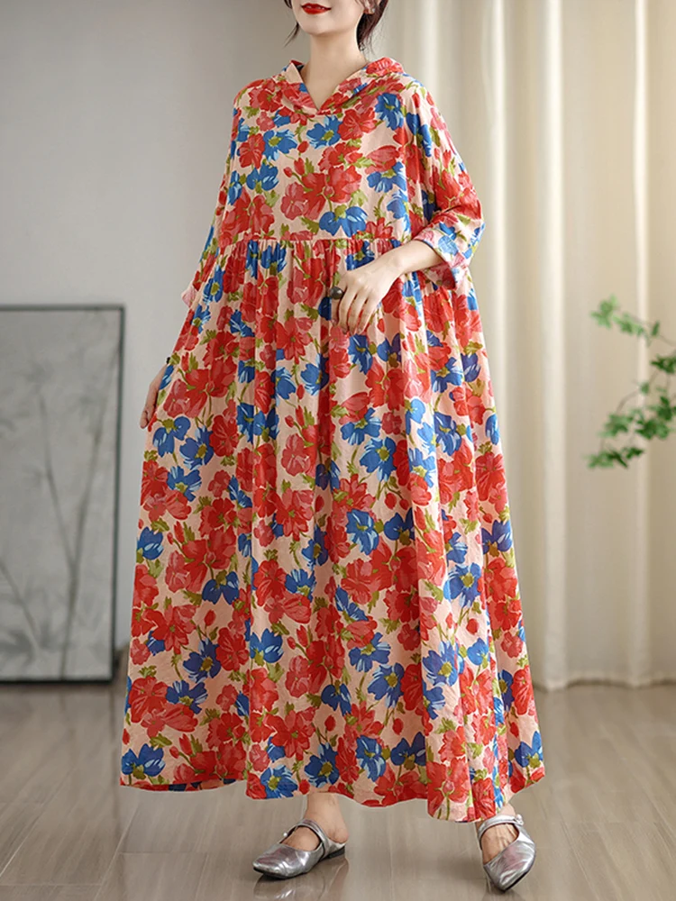 2025 Autumn New Long Sleeve Hooded Floral Print Vintage Long Dresses For Women Casual Loose Elegant Dress Femme Robe Clothing