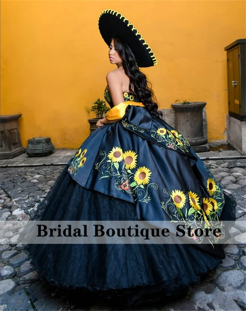Vestido De quinceañera negro bordado mexicano con Vestido dulce 16, Vestido De baile De 15 años con cordones _ AliExpress