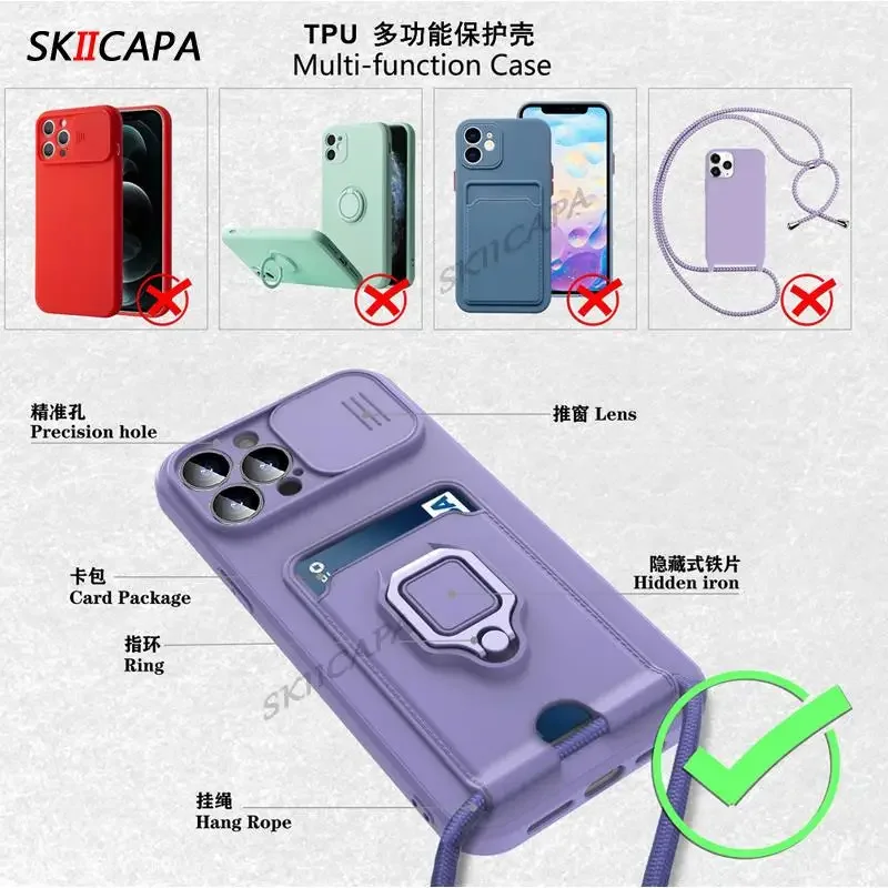 Crossbody Necklace Lanyard Silicone Wallet Case with Card Slot & Ring Holder