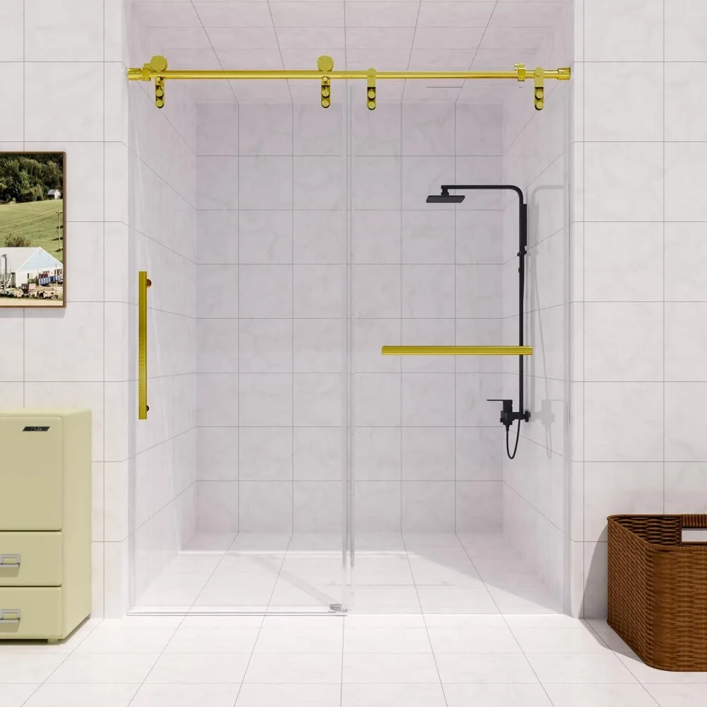 Frameless Slidable Shower Door, 56-60" W × 76" H, 5/16" Clear Tempered Glass, Gold Stainless Steel Handle, Noiseless Shower Door 2