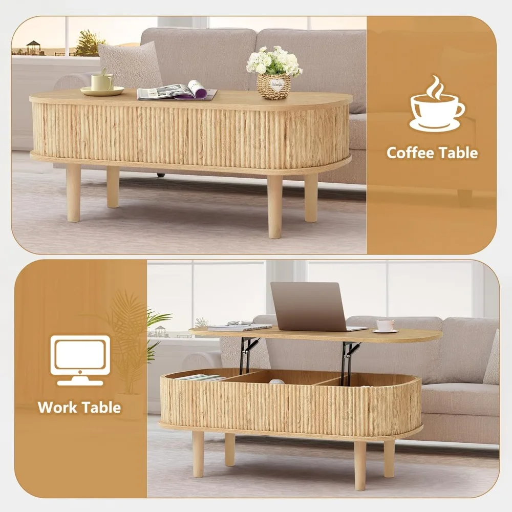 Fluted Lift Top Coffee Table with Hidden Compartment, Fully Assembled Wooden Center Table, Modern Oval Lift Tabletop 4