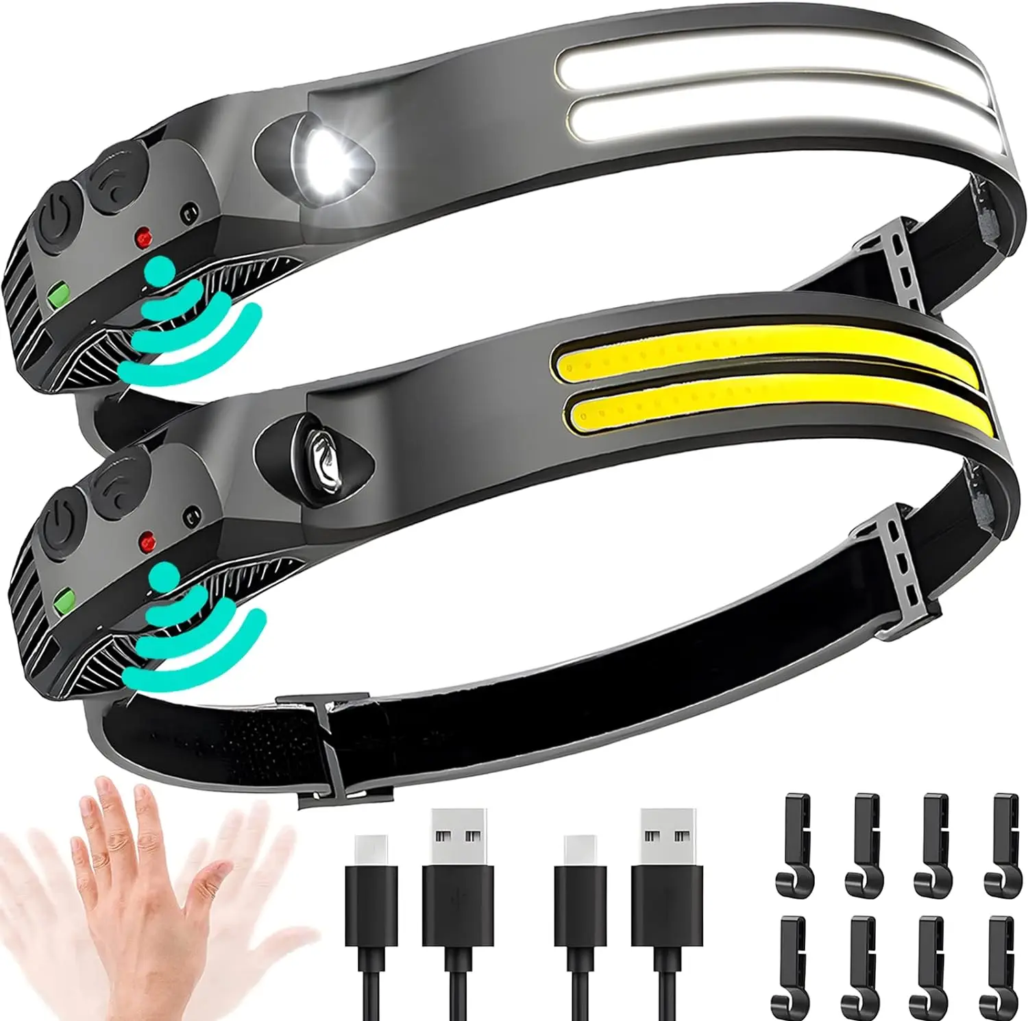 2PCS LED Headlamp Rechargeable 230&deg; COB Super Bright Head Lights for Forehead, Hard hat Light for Adults, USB C Headband Flash