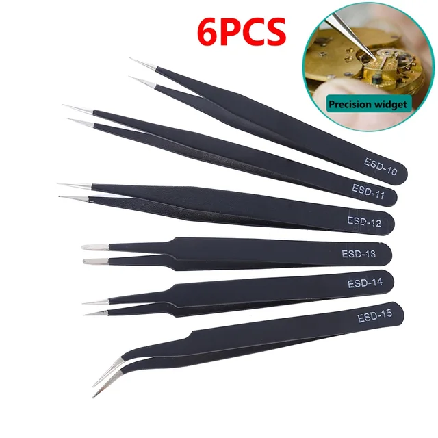 6Pcs Anti-static ESD Stainless Steel Tweezers Maintenance Tool Industrial Precision Curved Straight Tweezers Repair Tools Set
