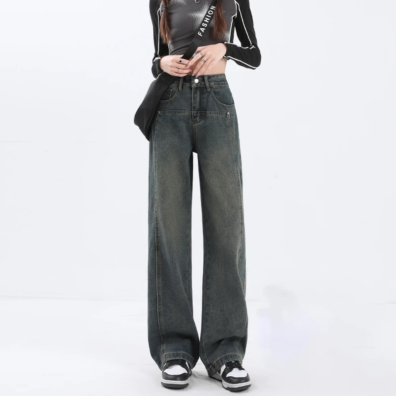 

Cement gray straight jeans female spring and autumn new high-waisted loose thin versatile drape drag wide-leg pants tide