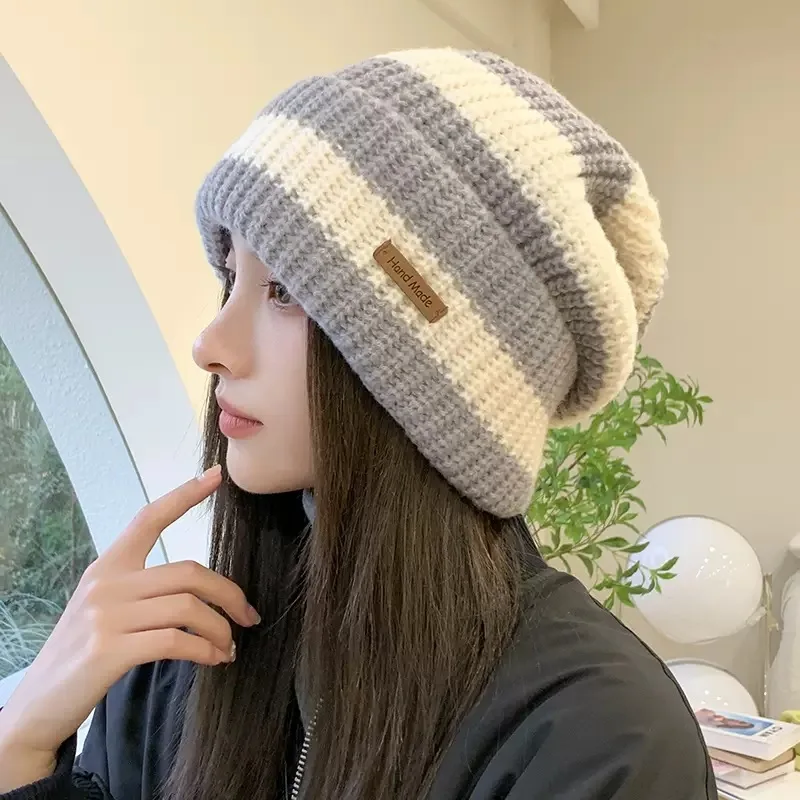 New Japanese Women Striped Knitting Wool Beanie Hat Autumn Winter