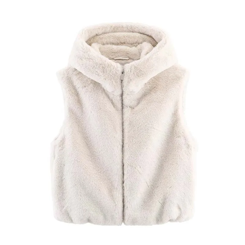 Winter Faux Fur Vests For Women New Fashion Fluffy Sleeveless Jackets Coat Female Zipper Hooded Vests Warm Chic Waiscoat Tops