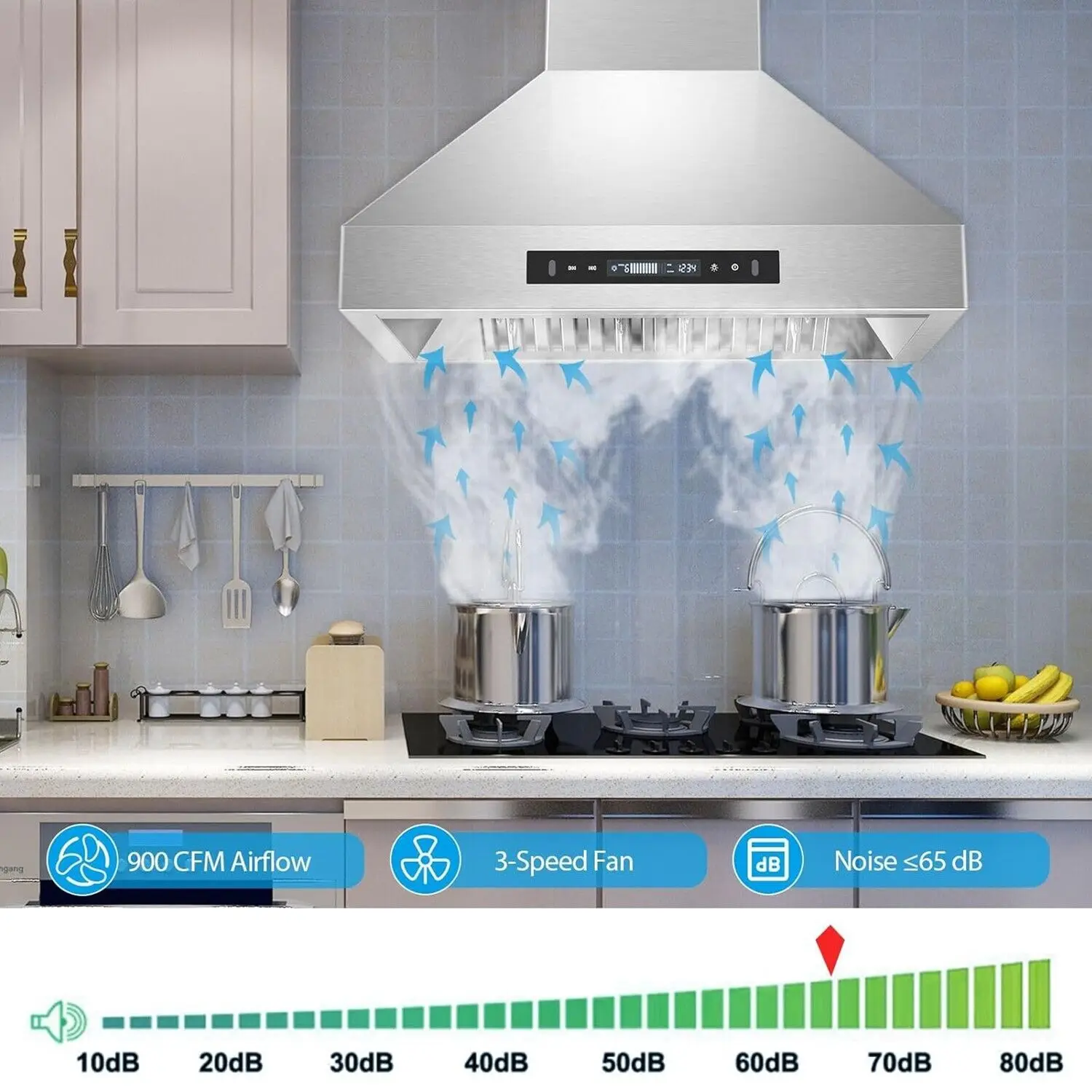 Tieasy 900CFM 30-inch Wall Mount Stainless Steel 3-Speed Fan Touch Screen LED Light Range Hood USGD2875 3