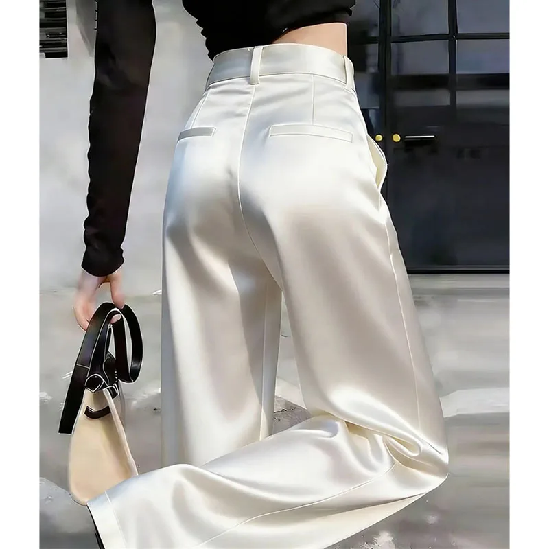 Women Solid Color Acetate Satin Wide Leg Pantalons Korean Lady Fashion Casual Trousers Summer Femme High Waist Straight Leg Pant