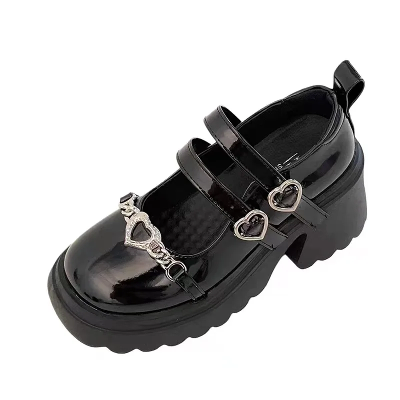 Black Leather Shoes Spring and Autumn Season Metal Chain Sponge Cake Sole Mary Jane Shoes Women's Patent Leather Gothic Style 6