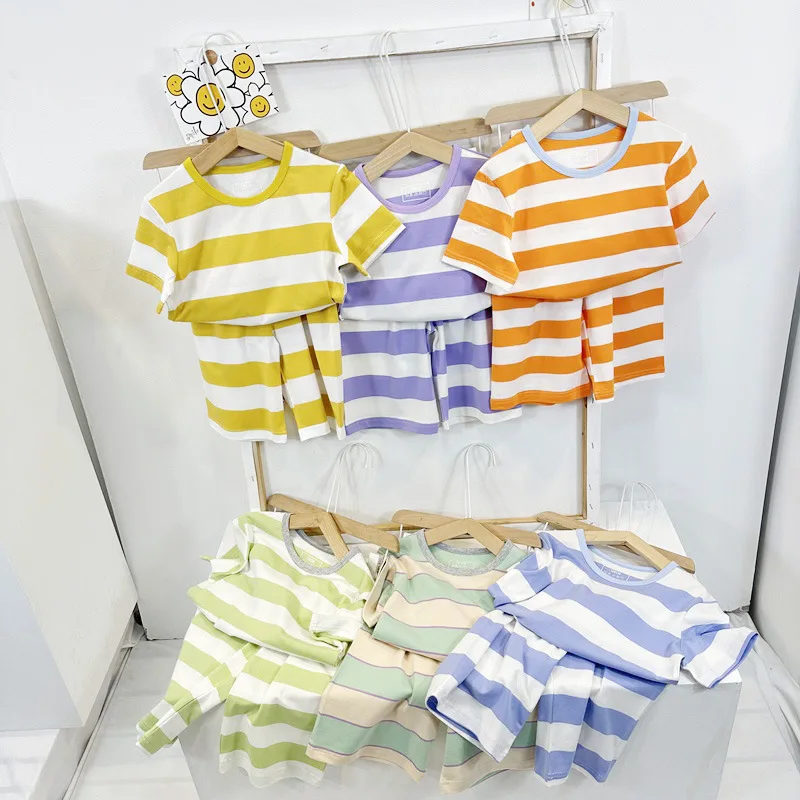 

Summer Striped Home Clothing for Toddler Teenagers Children's Short Sleeve Pants Pajamas Boys and Girls Air-conditioned Clothing