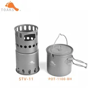 TOAKS Titanium Combo Set POT-1100-BH & STV-11 Camping Equipment 1100ml Pot with Bail Handle and Wood Stove Portable Burner 1