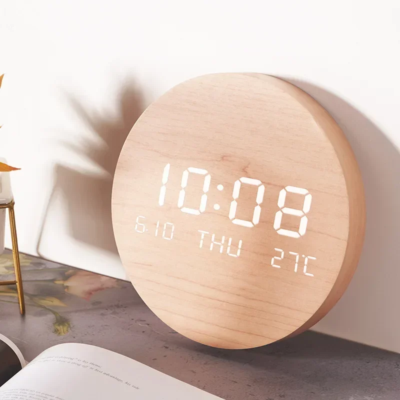 Faux Wood Panel Electronic Wall Clock Living Room Decorative Digital Electronic Rechargeable Bedside Wall Clock