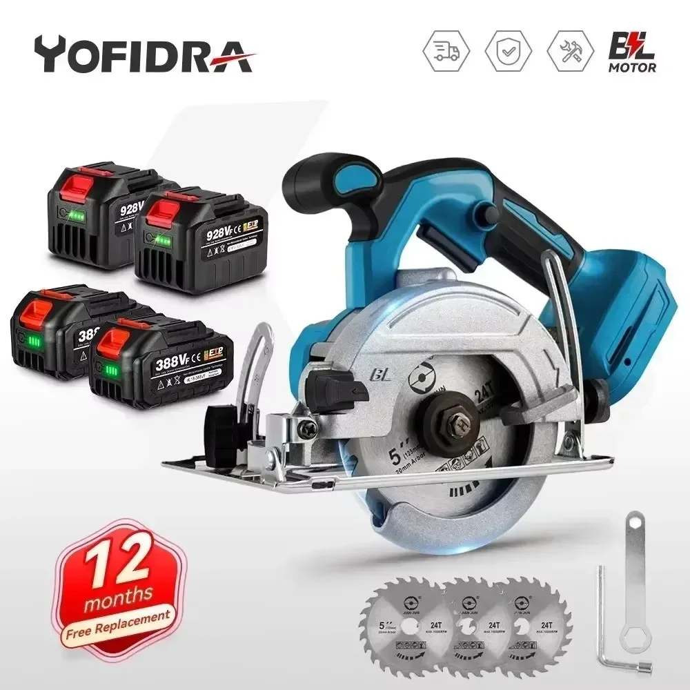 YOFIDRA Electric Circular Saw 5 Inch 125MM Brushless, adjustable woodworking cutting tool compatible with Makita 18V battery pin