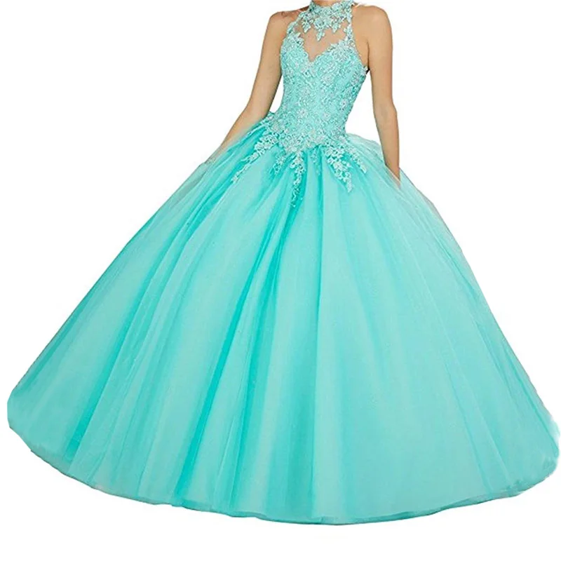 Vestido de fiesta Girls Sweet 16 Quinceanera Dresses Halter Lace Appliques Prom Dress Princess Ball Gown Wedding Party Gowns tulle lace flower girl dresses with bow baby girls birthday wedding party dress puffy cap sleeve princess ball gown for kids