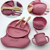 6Pcs Silicone Tableware For Kids Baby Feeding Sets Sucker Bowl Dining Plate Spoon Fork Bib Cup Personalized Name Children's Gift 6