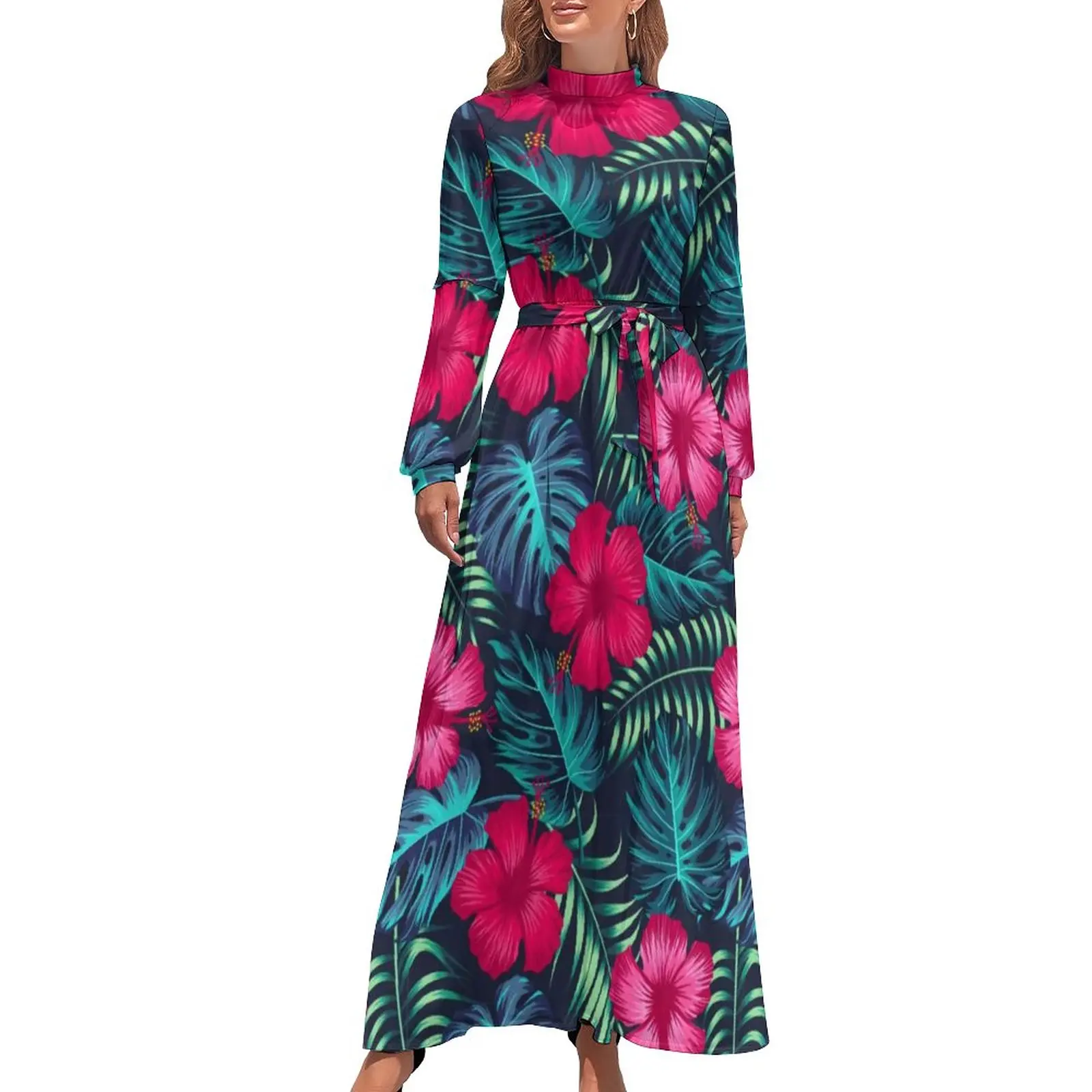

Tropical Palm Leaves Dress Floral Hibiscus Flowers Streetwear Boho Beach Dresses Long Sleeve High Neck Elegant Long Maxi Dress