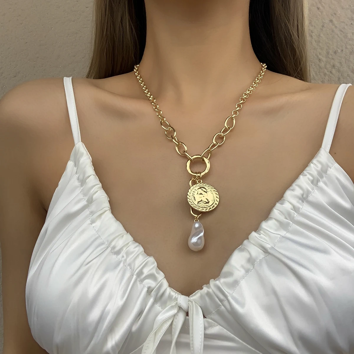 Layered Choker Necklace - Gold/Silver Chunky Chain With Crystal Pendant, Adjustable, For Women - View #2