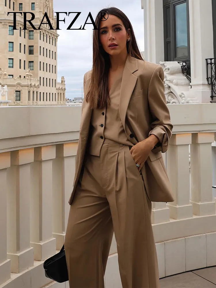 

TRAFZA Sets For Women 2023 3 Piece Long Sleeve Women's Blazers + Sheath Cropped Vests + High Street Female Wide Leg Trousers