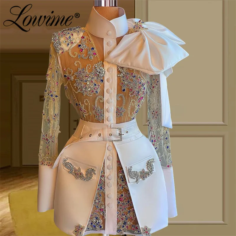 

Lowime Modern Illusion Two Pieces Beaded Crystals Long Sleeves Evening Dress Button Blouse with Belt Pageant Party Gowns Custom