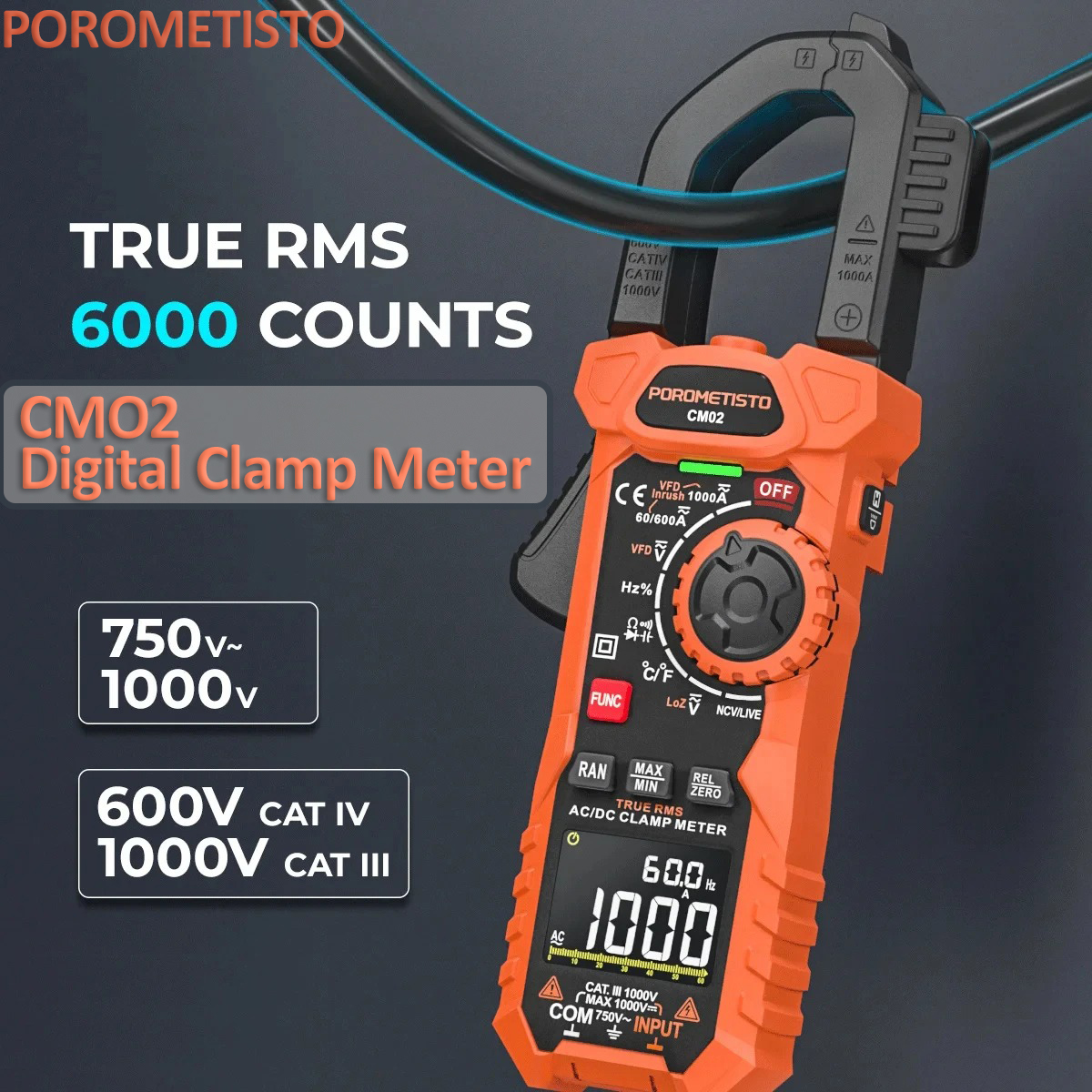 POROMETISTO  CM02 Digital Clamp Meter 6000 Counts Voltage Detector 1000A AC/DC Current True RMS Ammeter Voltmeter NCV Ohm Tester