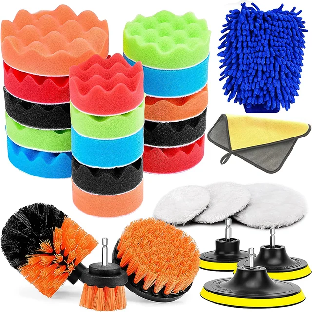44-Piece Drill Buffing Pad Kit For Car Detailing - Foam, Wool, Microfiber Pads 1", 2", 3" With Backing Plates & Adapters