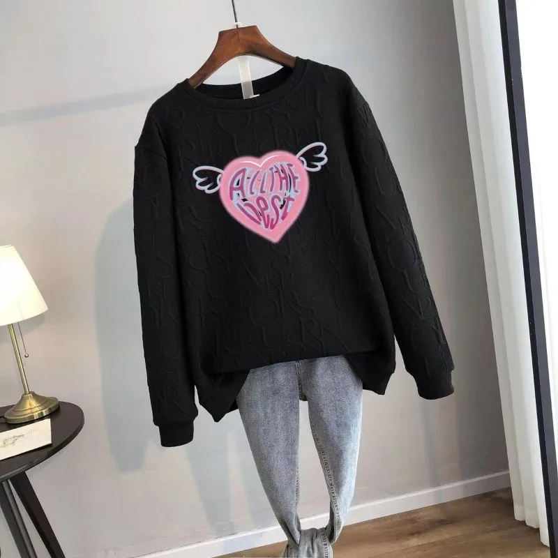 Spring Autumn Women's Pullover Round Neck Solid Cartoon Letter Printing Lantern Long Sleeve T-shirt Hoodies Casual Loose Tops