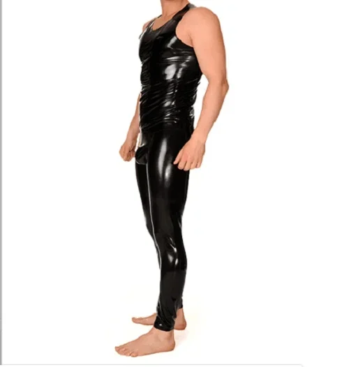 Fetish  Cool Latex Rubber Fashion Handsome Men Black Sling All-inclusive Suit Size Sports uniform