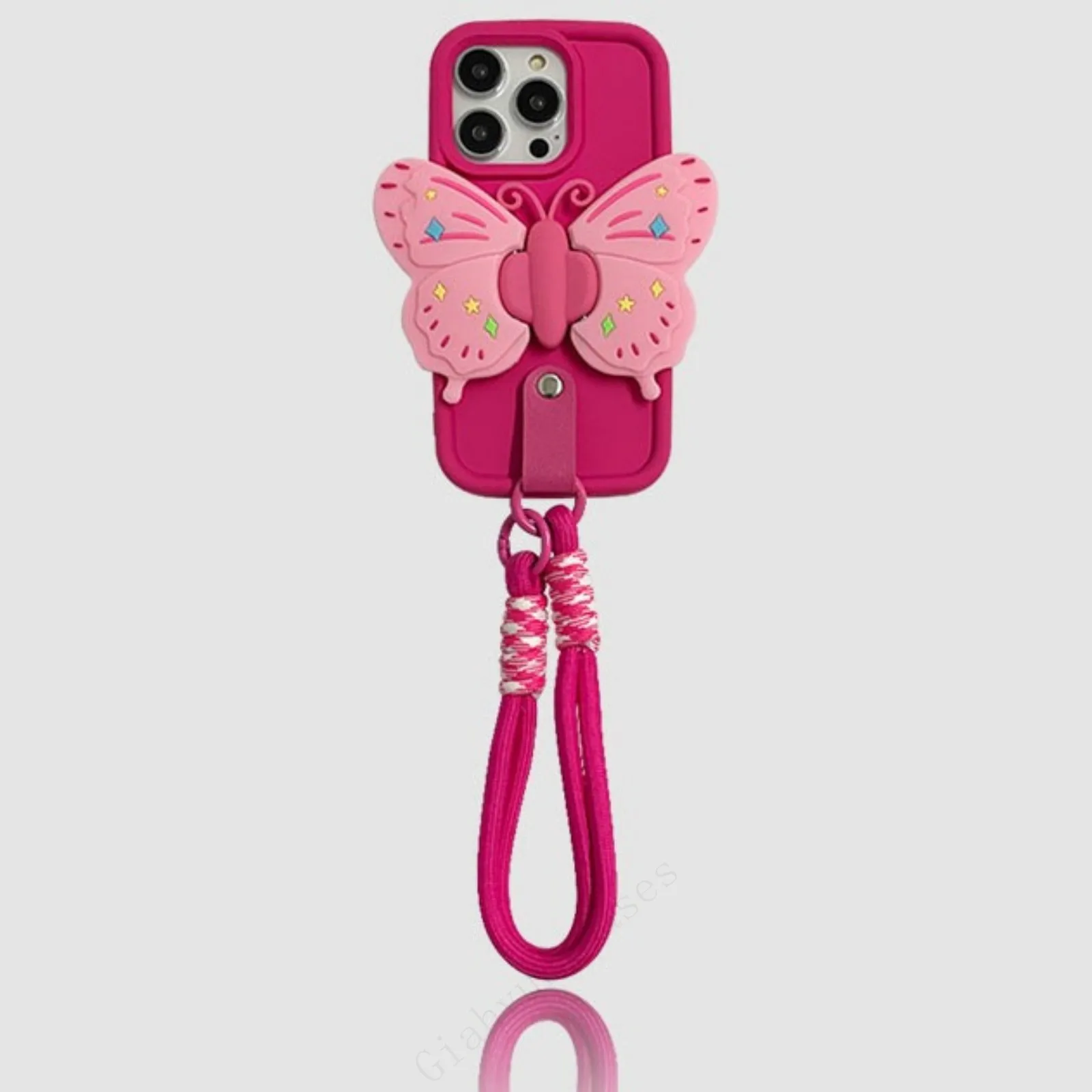 3D Cute Bee Butterfly Anti-lost Lanyard Chain Strap Holder Phone Case For iphone 15 14 X XR XS 1113 Pro Max 12 Pro 7 8 Plus Gift