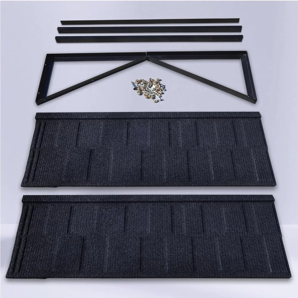 fixed metal awnings 52 in w x 31 in h, triangle steel frame with tile shaped metal awning for door entrance, windows, porches an