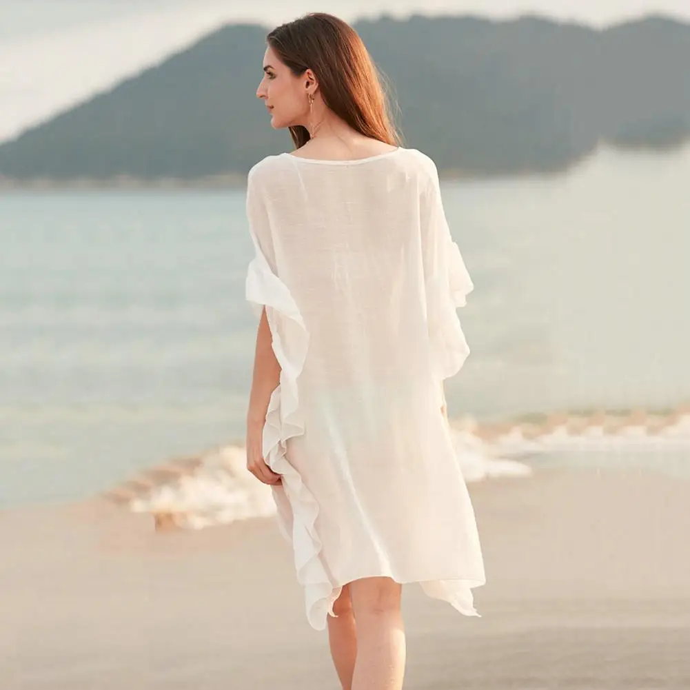 

Charming Swimwear Cover Up Soft Bikini Cover Up Ruffle Trim Pure Color Women Beach Bikini Cover Up Loose Fit