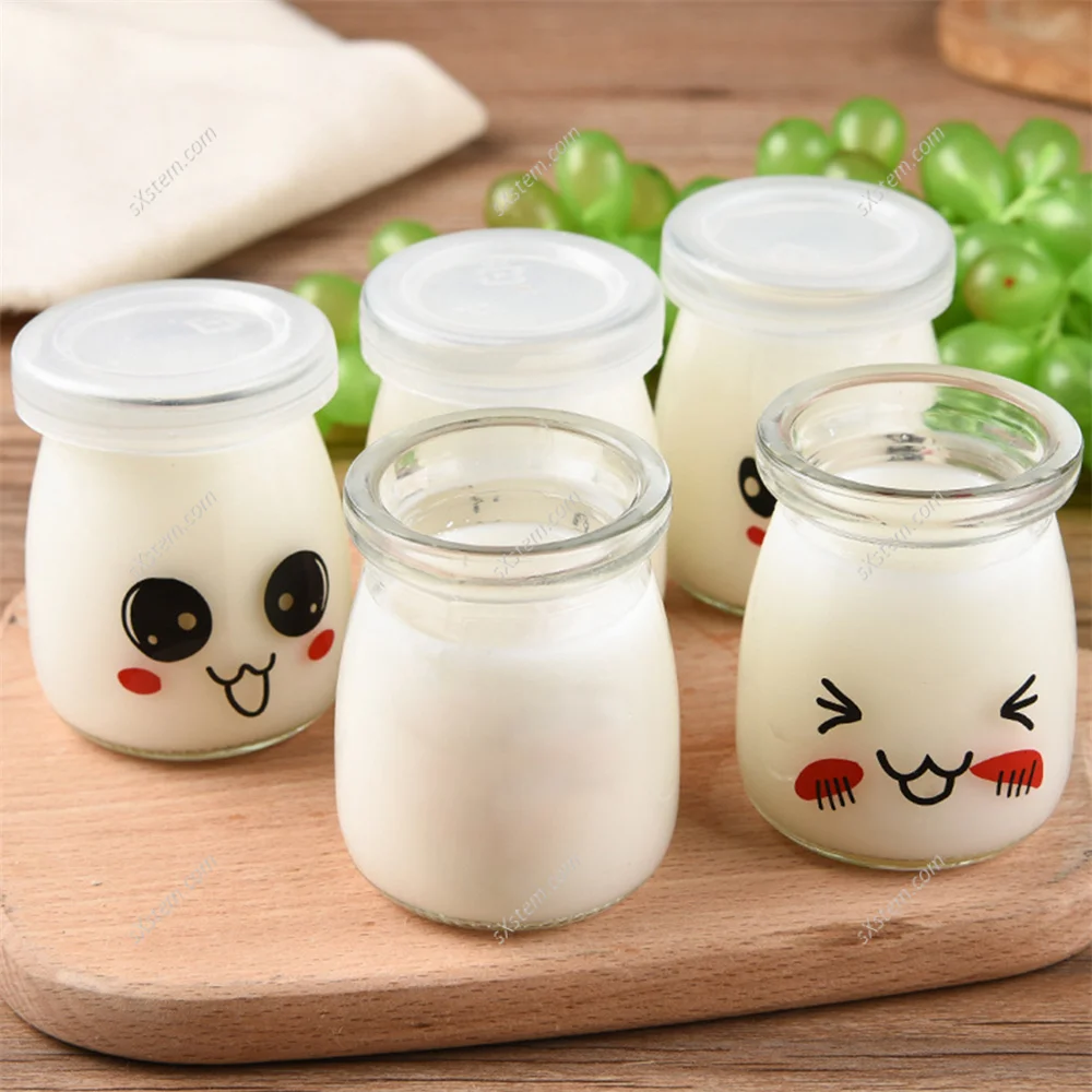6pcs 150ml 200ml Cartoon Glass Jars with Lids for Yogurt DIY Milk  High Temperature Pudding Bottle Jelly Cups Kitchen Supplies 5