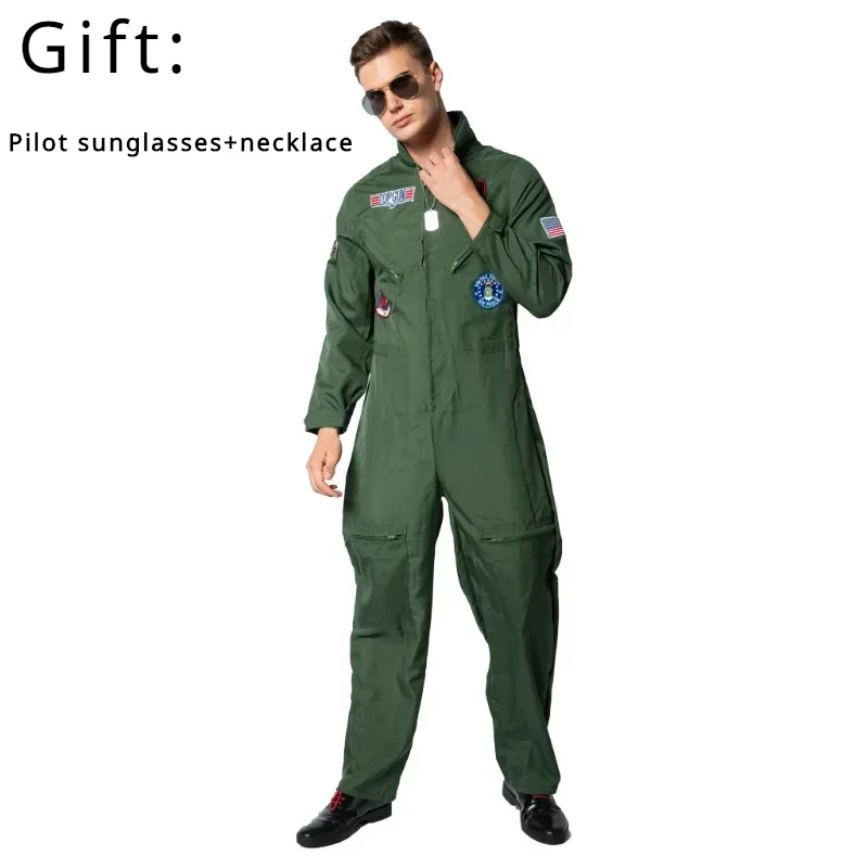 Top Gun Movie Cosplay American Airforce Uniform Halloween Costumes for Men Adult Army Green Pilot Jumpsuit Astronaut