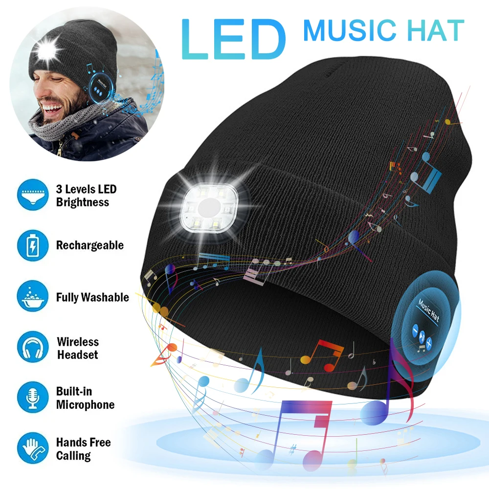 Wireless Bluetooth 5.0 Music Knitted Hat Rechargeable Detachable Luminous Sleeve Cap