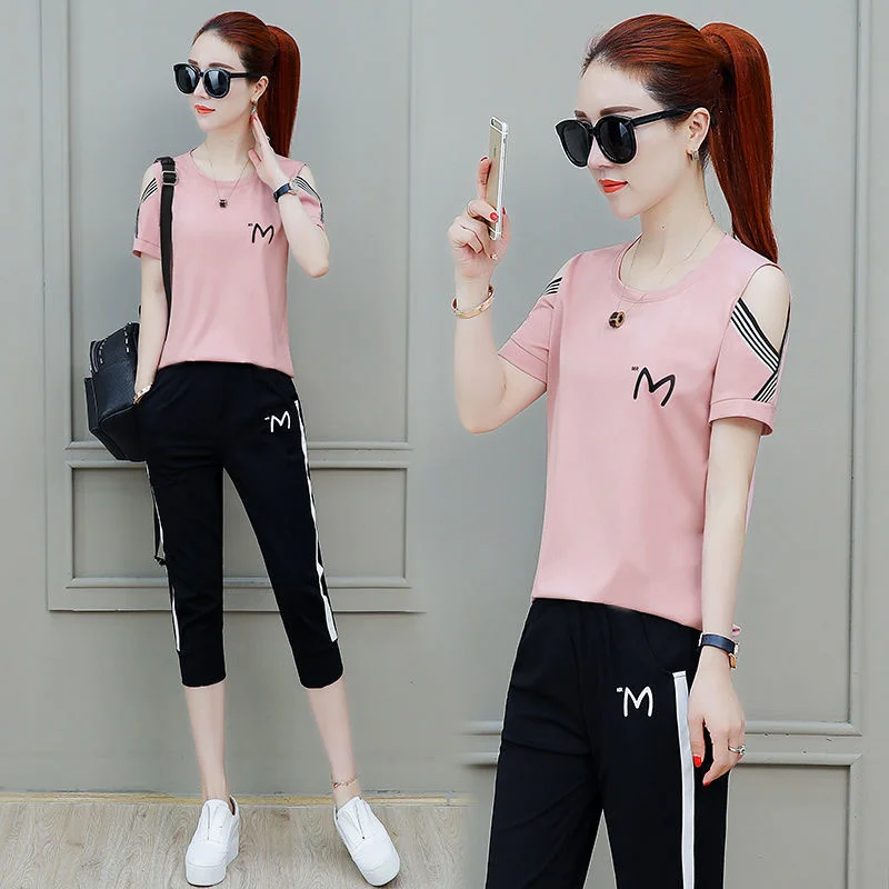 Women\'s Casual Suit Summer 2023 New Loose Sports Clothes Korean Short Sleeve T-shirt Capris Pencil Pants Two Piece Set For Women