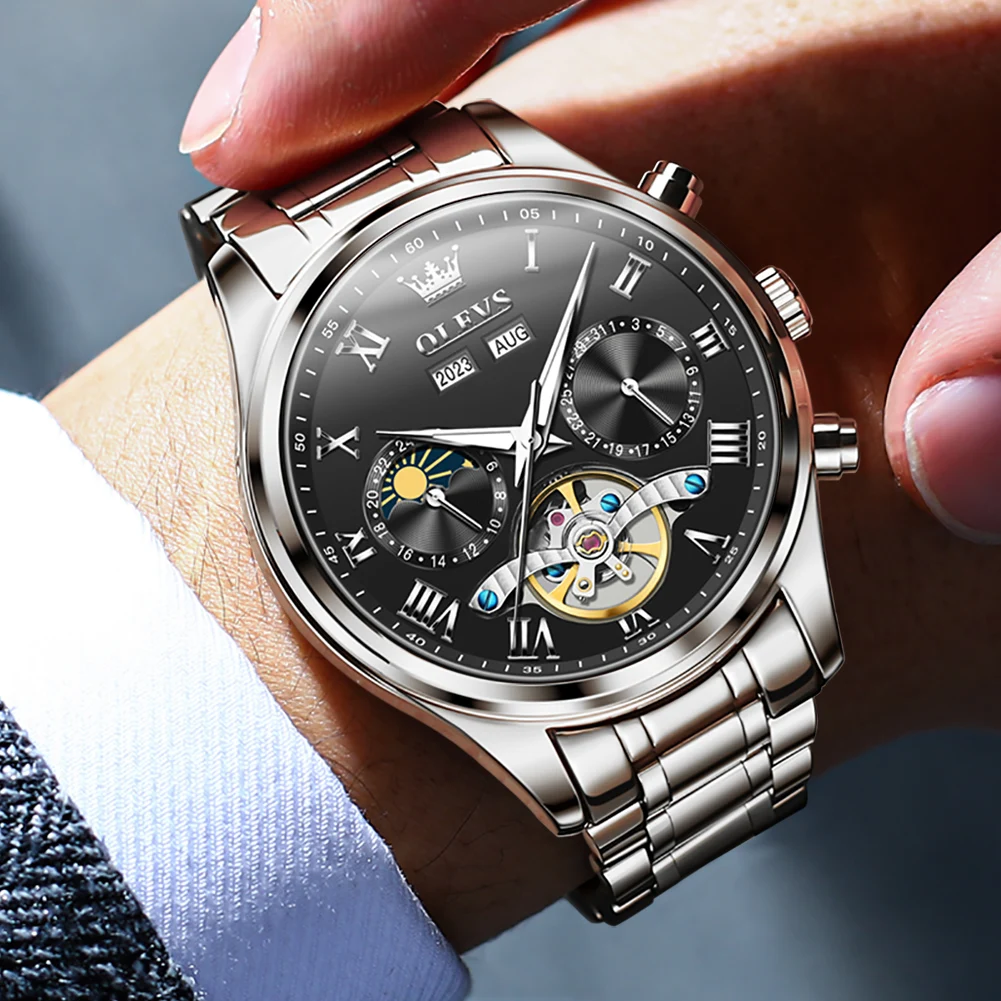 OLEVS Original Luxury Automatic Watch for Men Gold Stainless Steel Waterproof Diamond Skeleton Mechanical Wristwatch Moon Phase