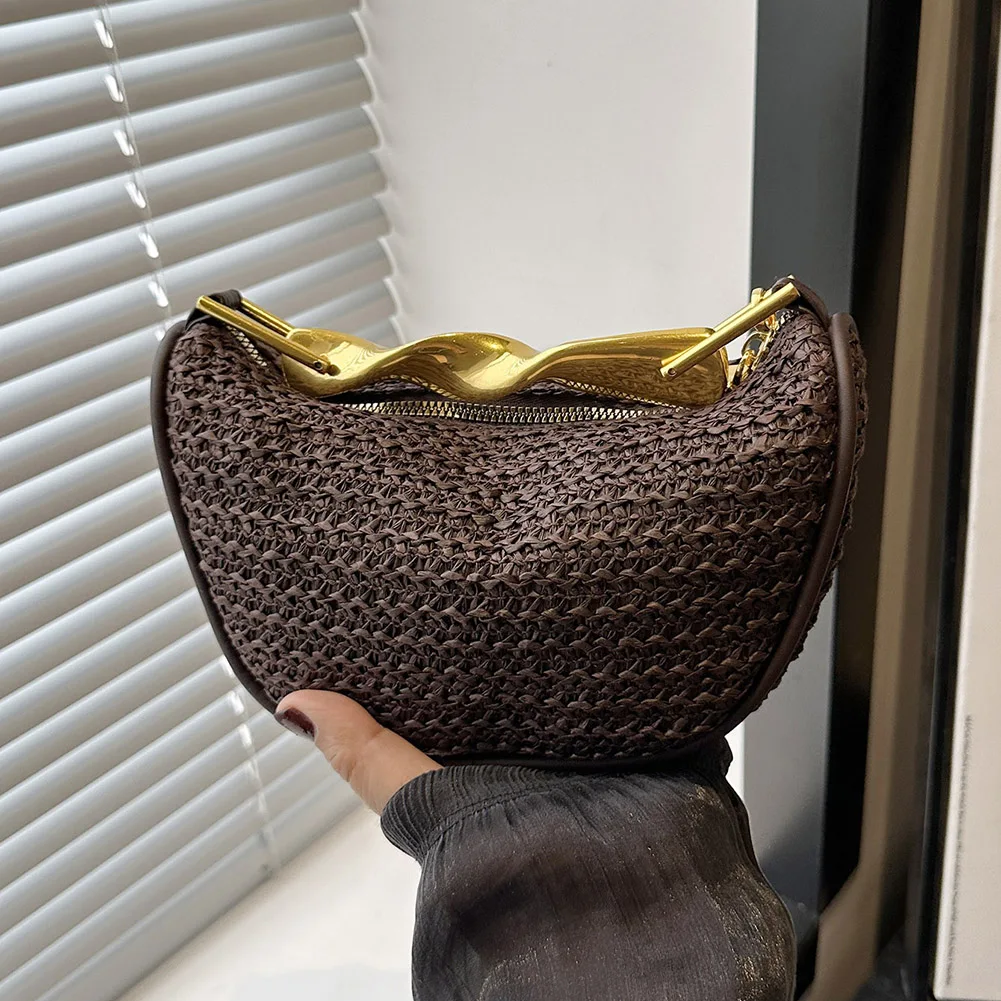 Straw Shoulder Bag with Metal Handle for Women Summer Beach